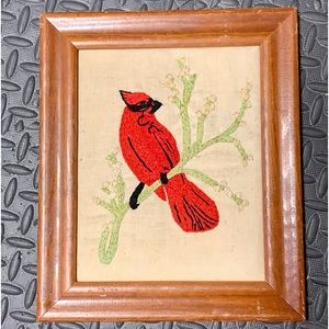 Charming Cardinal Vintage Needlepoint Art, framed -12 x 10.5